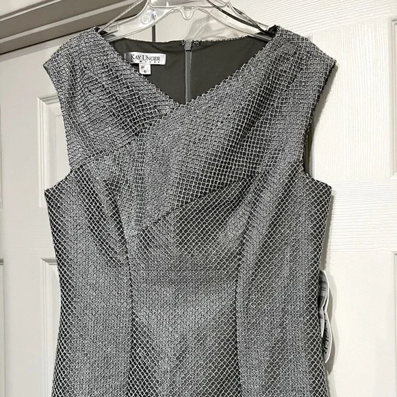 NWT KAY UNGER METALLIC SILVER TAILORED SHEATH COCKTAIL DRESS SIZE 6 - Picture 2 of 13